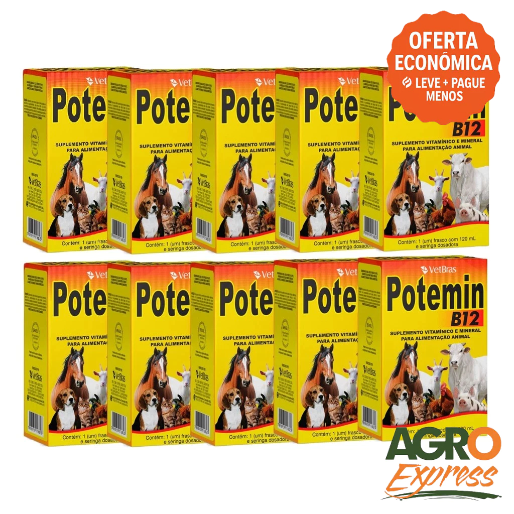 Kit 10 Potemin B12 120ml Suplemento Vitaminico e Mineral Fortalece Postura e Imunidade - VetBras