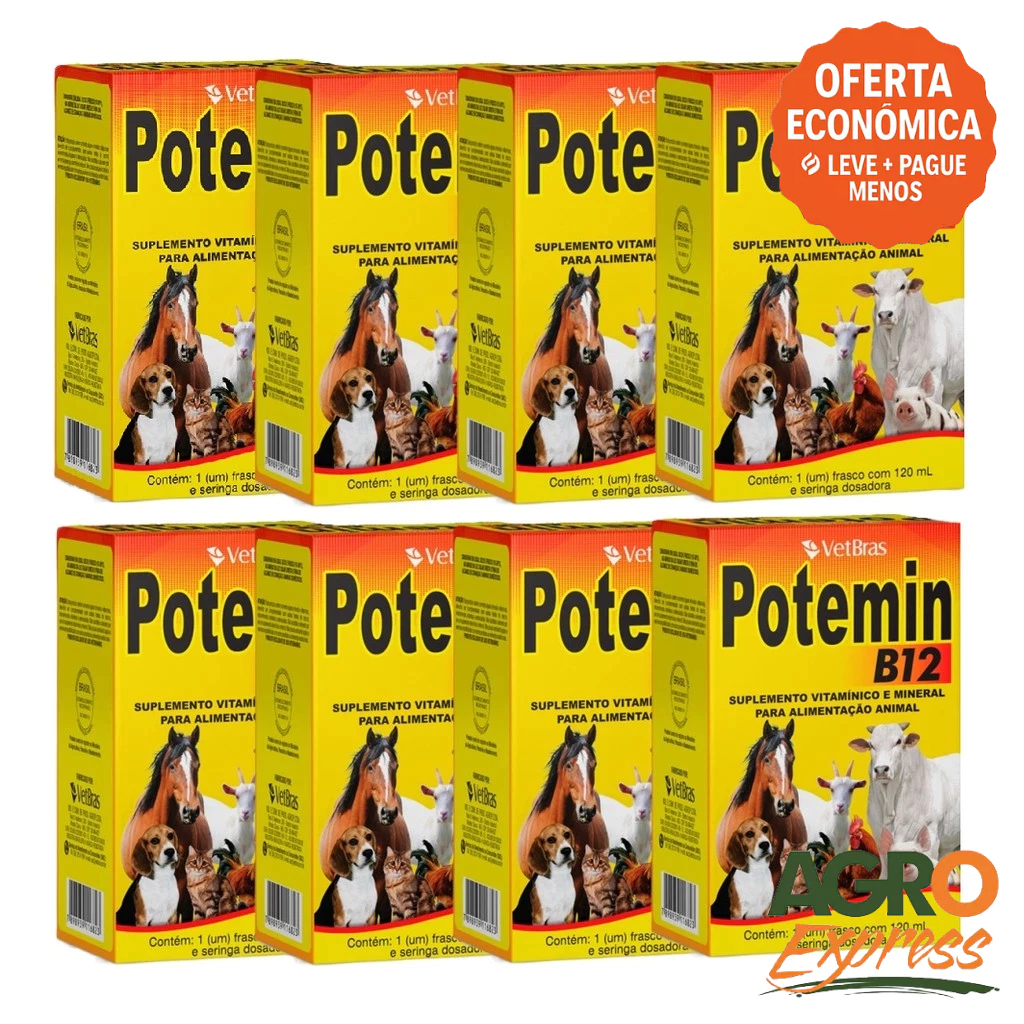 Kit 8 Potemin B12 120ml Suplemento Vitaminico e Mineral Fortalece Postura e Imunidade - VetBras
