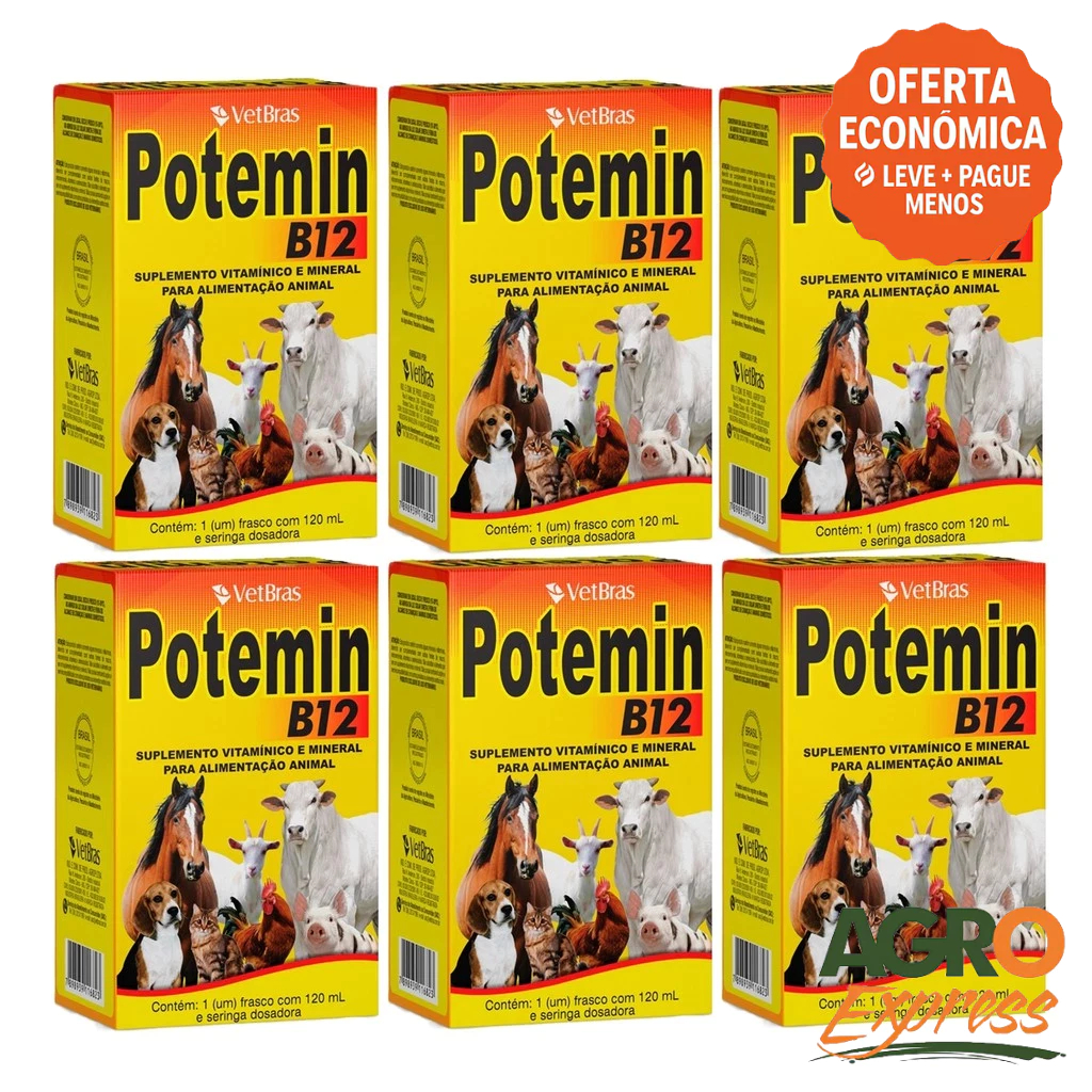 Kit 6 Potemin B12 120ml Suplemento Vitaminico e Mineral Fortalece Postura e Imunidade - VetBras