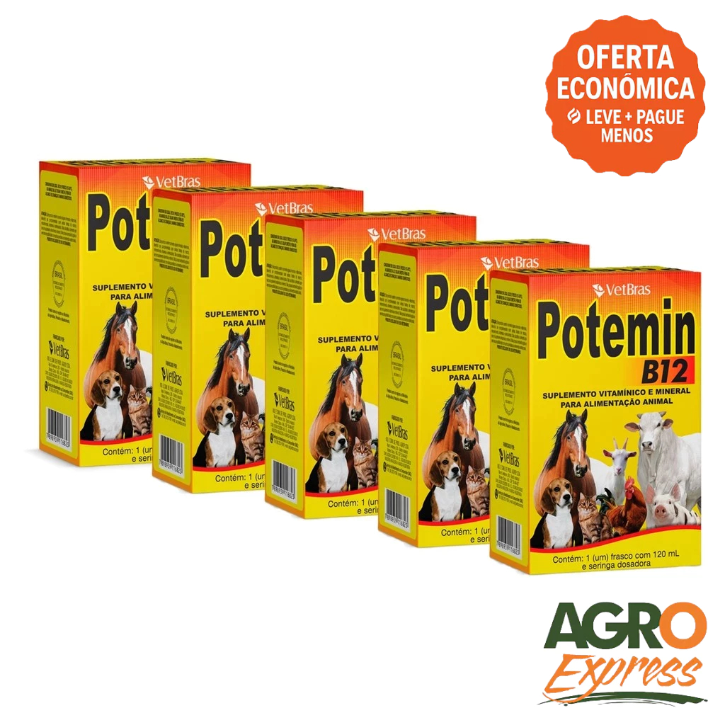 Kit 5 Potemin B12 120ml Suplemento Vitaminico e Mineral Fortalece Postura e Imunidade - VetBras