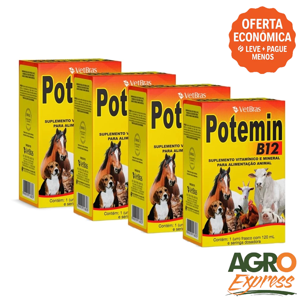 Kit 4 Potemin B12 120ml Suplemento Vitaminico e Mineral Fortalece Postura e Imunidade - VetBras