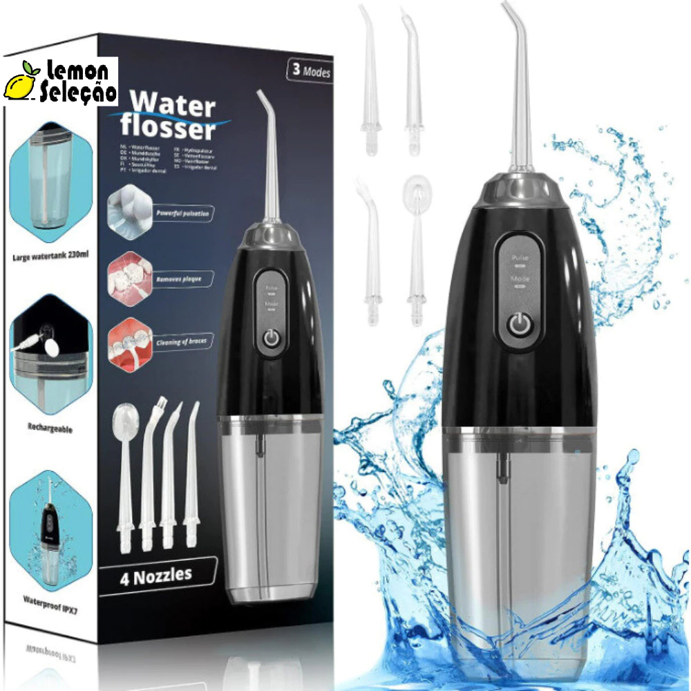 Irrigador Oral Jato de Água Bucal Portátil USB com 4 Bicos 320ml Recarregável