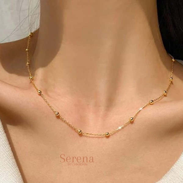 Colar Bolinha Dourado Aço Inox Feminino Ouro esferas Hipoalergênico Choker 45cm