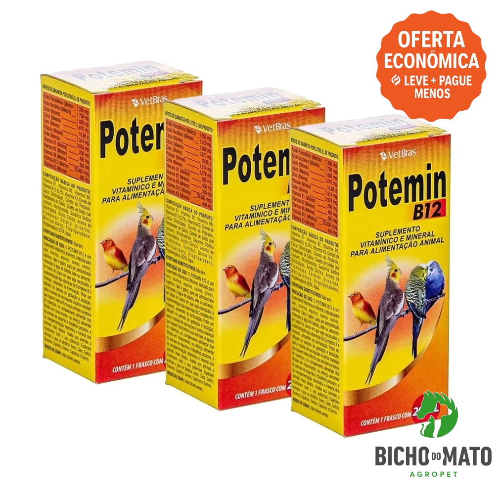 Kit 3 Potemin B12 20ml Suplemento Vitaminico e Mineral Fortalece Postura e Imunidade - VetBras