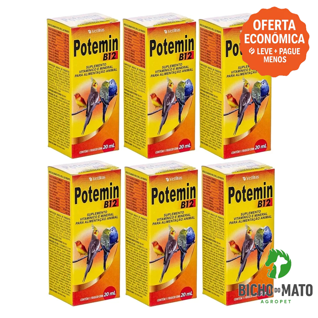 Kit 6 Potemin B12 20ml Suplemento Vitaminico e Mineral Fortalece Postura e Imunidade - VetBras