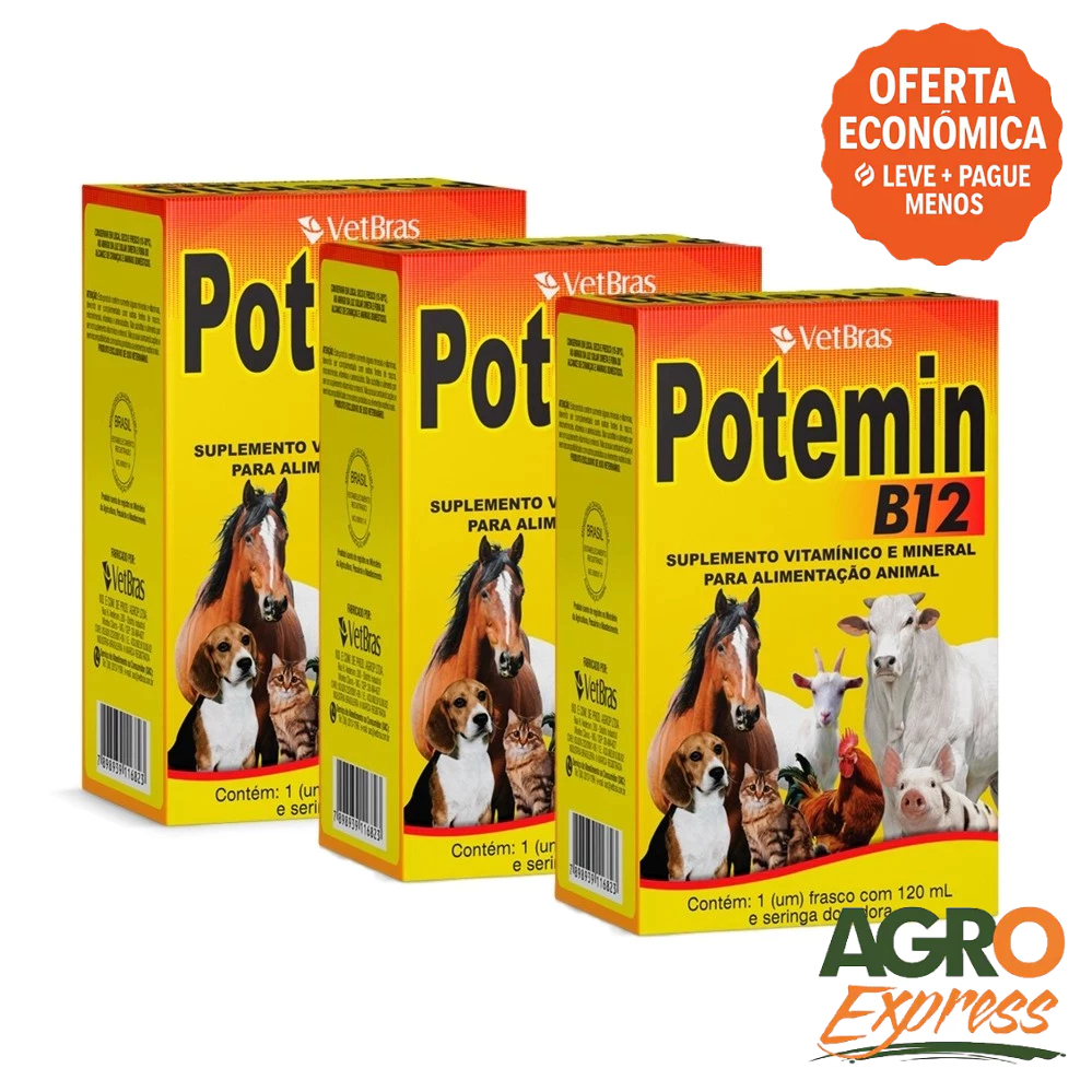 Kit 3 Potemin B12 120ml Suplemento Vitaminico e Mineral Fortalece Postura e Imunidade - VetBras