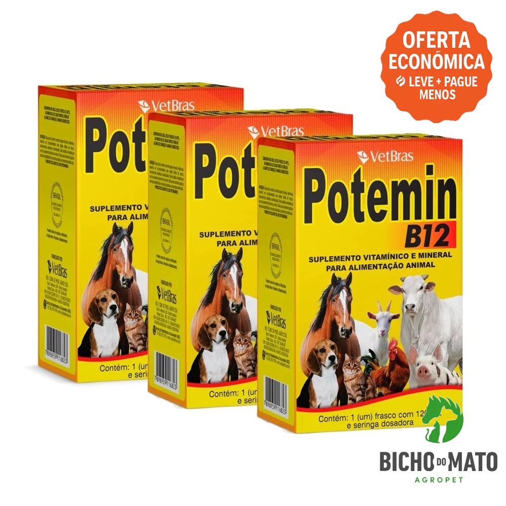 Kit 3 Potemin B12 120ml Suplemento Vitaminico e Mineral Fortalece Postura e Imunidade - VetBras