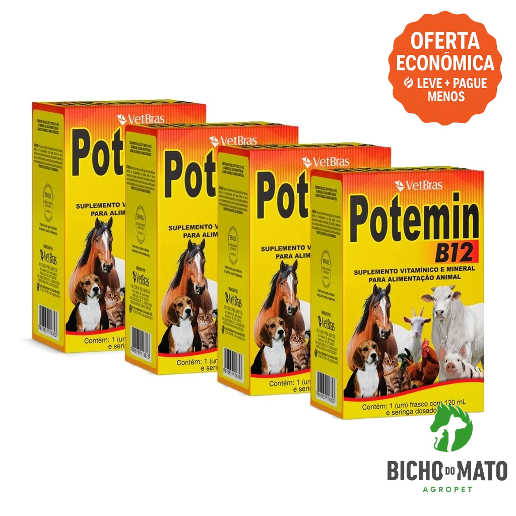Kit 4 Potemin B12 120ml Suplemento Vitaminico e Mineral Fortalece Postura e Imunidade - VetBras