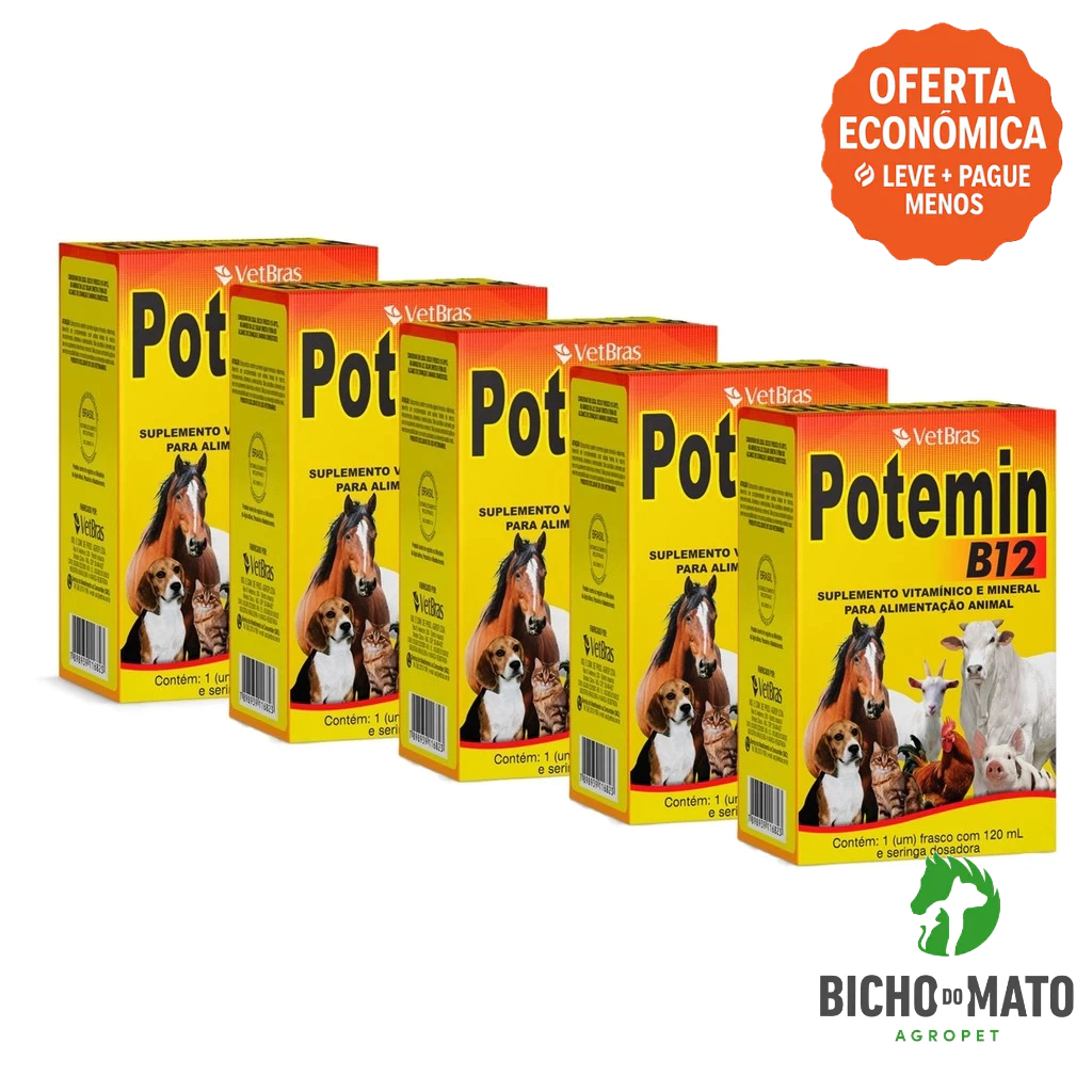 Kit 5 Potemin B12 120ml Suplemento Vitaminico e Mineral Fortalece Postura e Imunidade - VetBras