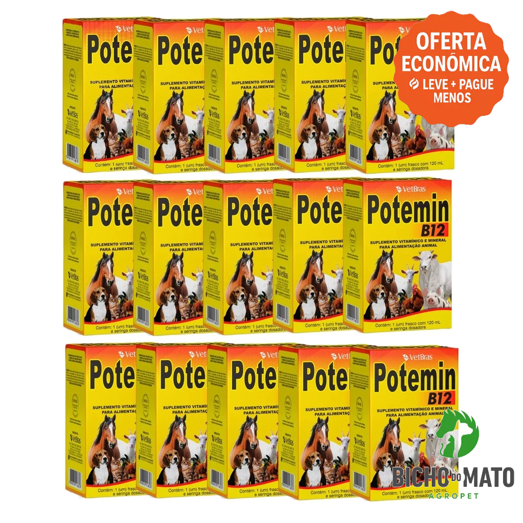 Kit 15 Potemin B12 120ml Suplemento Vitaminico e Mineral Fortalece Postura e Imunidade - VetBras