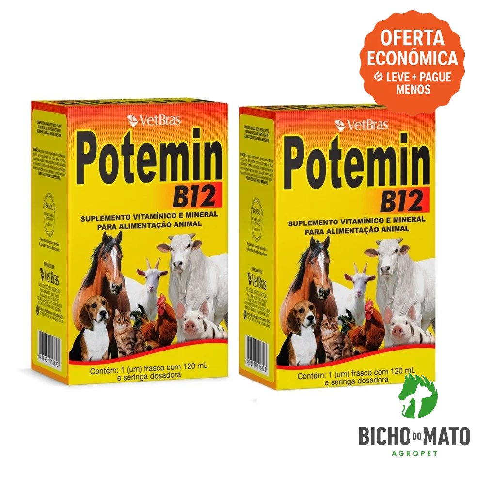 Kit 2 Potemin B12 120ml Suplemento Vitaminico e Mineral Fortalece Postura e Imunidade - VetBras