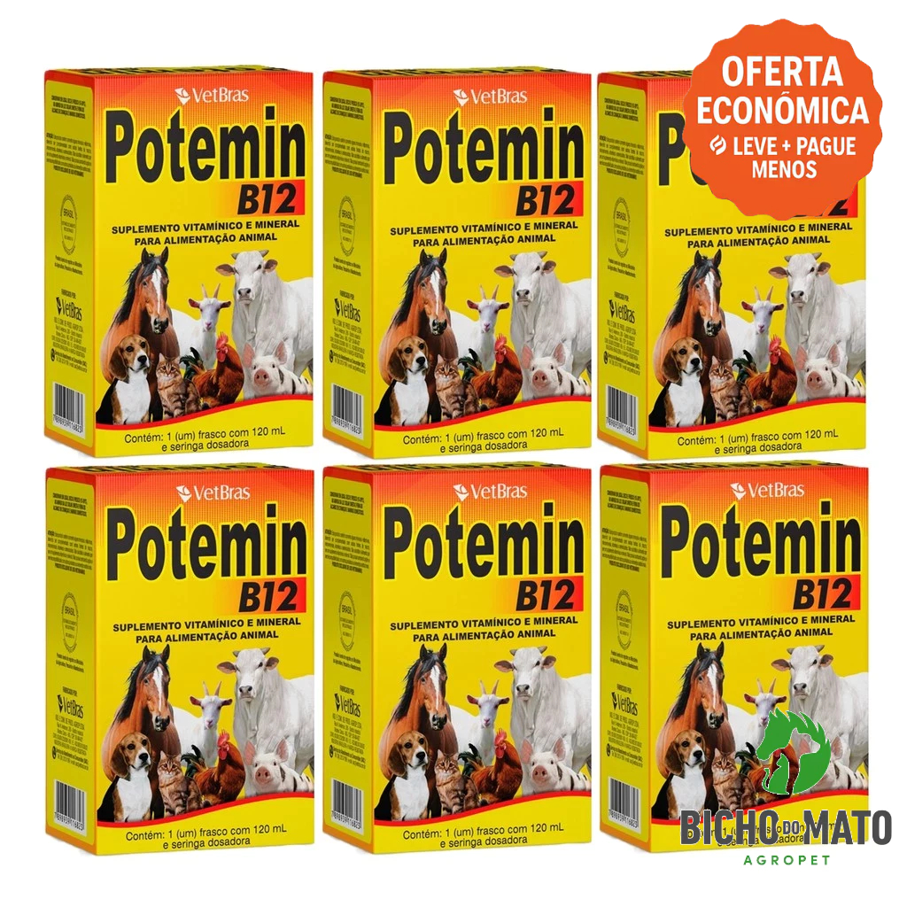 Kit 6 Potemin B12 120ml Suplemento Vitaminico e Mineral Fortalece Postura e Imunidade - VetBras