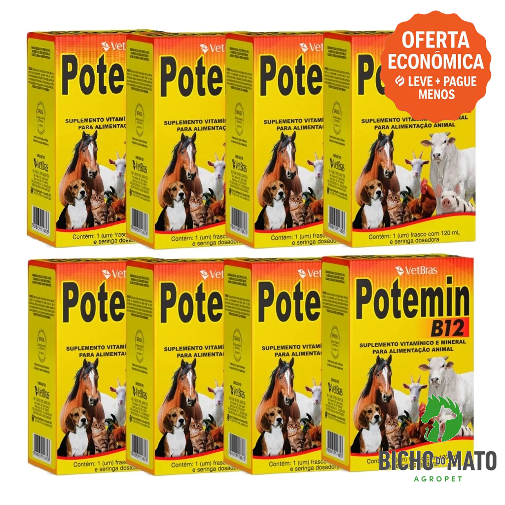 Kit 8 Potemin B12 120ml Suplemento Vitaminico e Mineral Fortalece Postura e Imunidade - VetBras