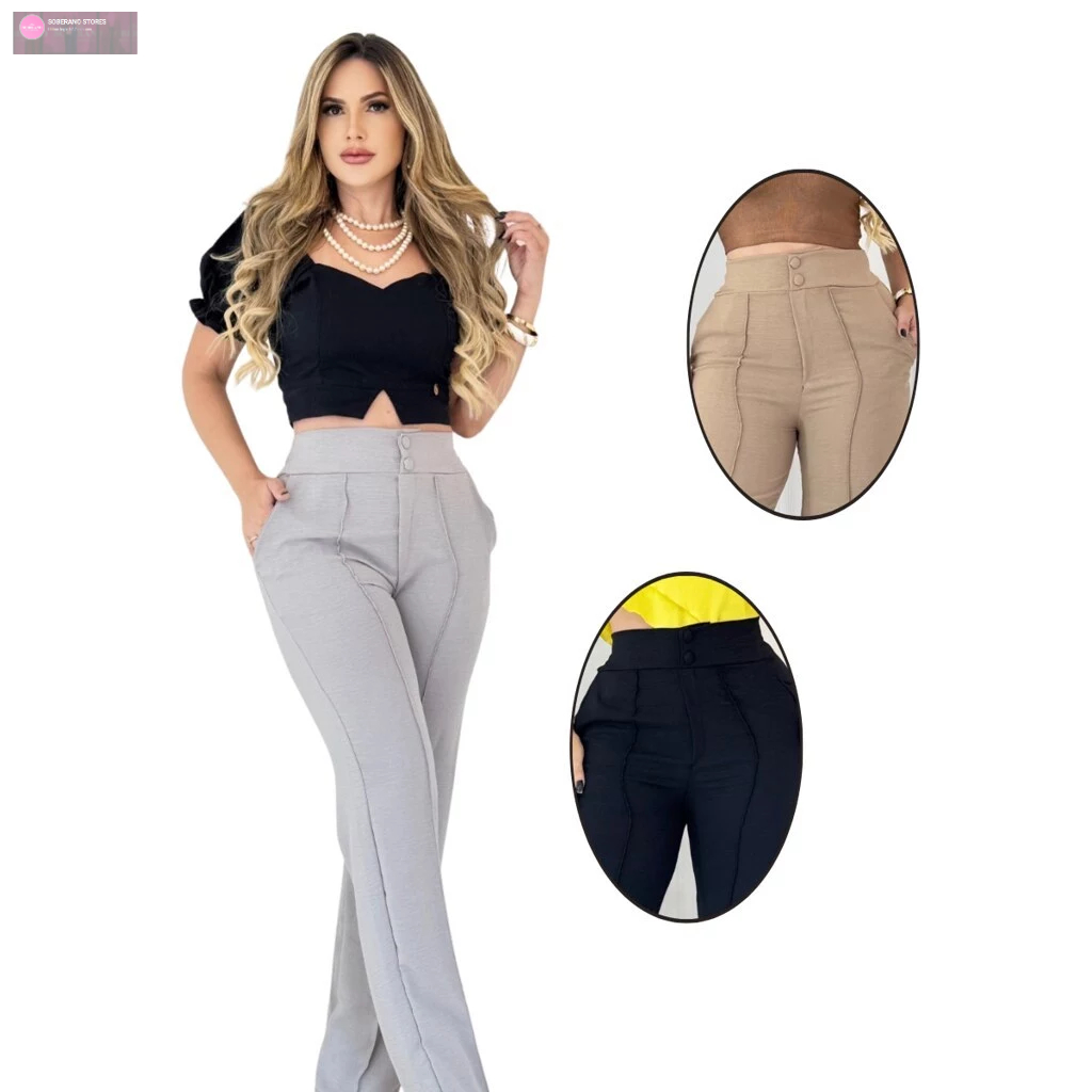 Kit 3 Calças Feminina Pantalona Cintura Alta em Crepe Duna,Executiva, Confort Premium,Soberano Stores