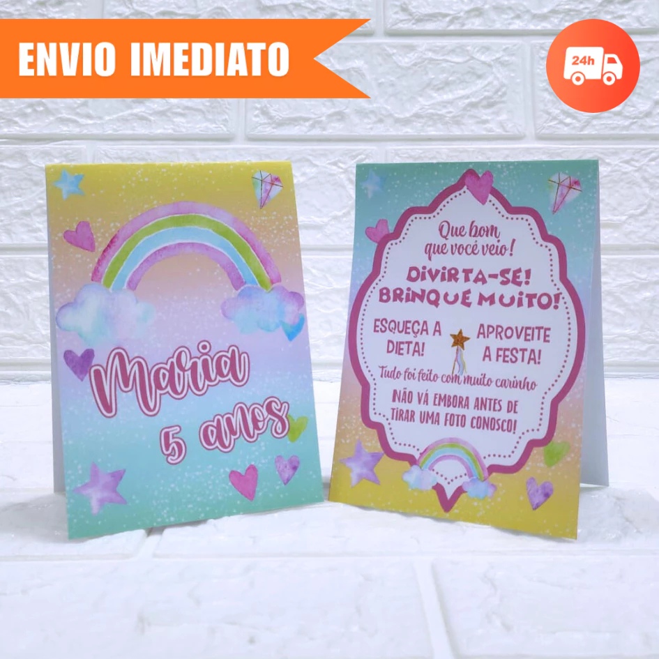 Plaquinha Agradecimento ARCO ÍRIS Personalizada, Kit Aniversário e Festa Infantil | JÁ MONTADA