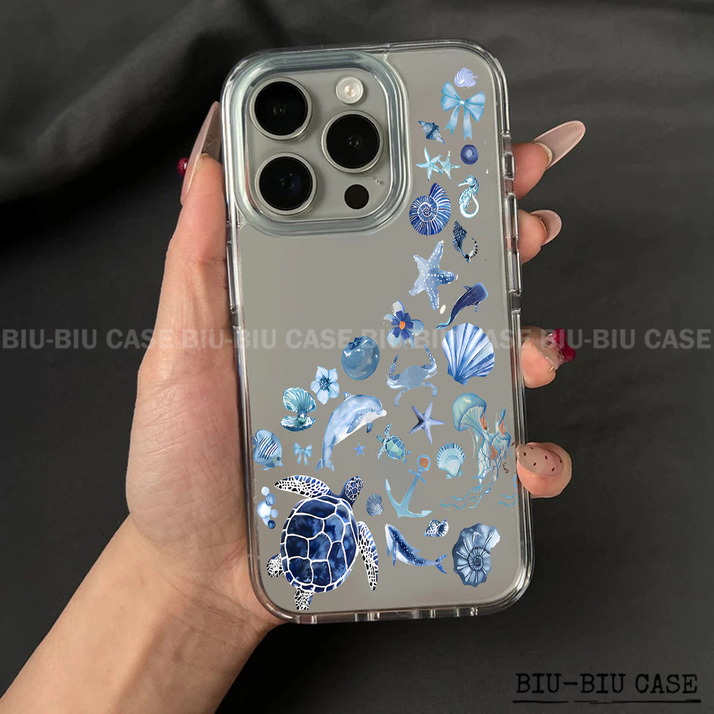 Capa Capinha Tpu Anti Impacto Transparente Para IPhone XR 11 12 13 14 15 16 17 Pro Max Padrão de concha do oceano azul