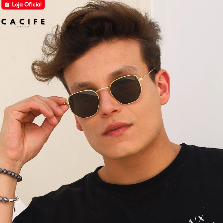 Oculos de Sol Hexagonal Classico Dourado e Preto Premium Fino Elegante Retro uv400 Masculino