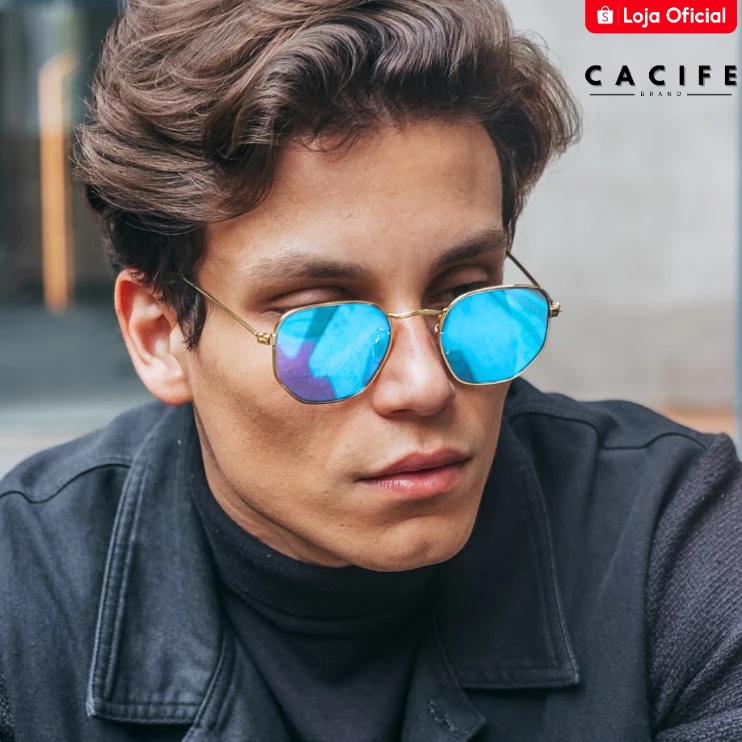 Oculos de Sol Hexagonal Azul Turquesa Premium Fino Blogueira Tendencia uv400 Masculino Feminino em Oferta na Shopee