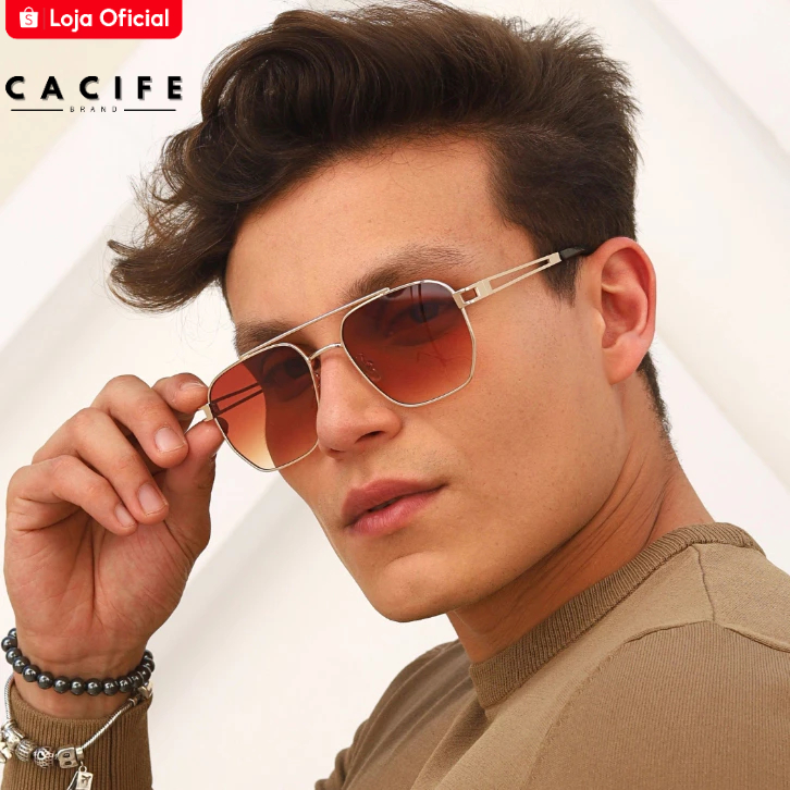 Oculos de Sol Aviador Quadrado Premium Dourado e Marrom Degrade Classico Uv400 Masculino Feminino