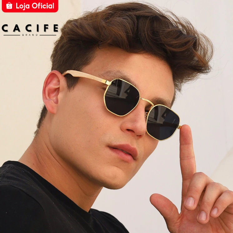 Oculos de Sol Hexagonal Dourado Bambu Premium Classico Lançamento uv400 Masculino Feminino