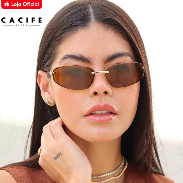 Oculos de Sol Oval Marrom Dourado Premium Blogueira Virginia Tendencia em Alta uv400 Feminino