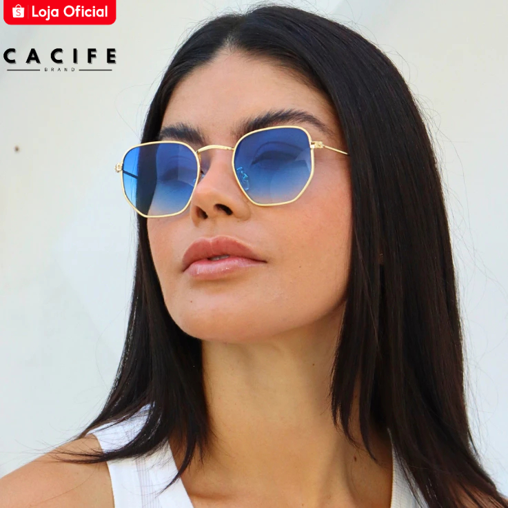 Oculos de Sol Azul Degrade Dourado Premium Original Classico Blogueira uv400 Feminino Masculino em Oferta na Shopee