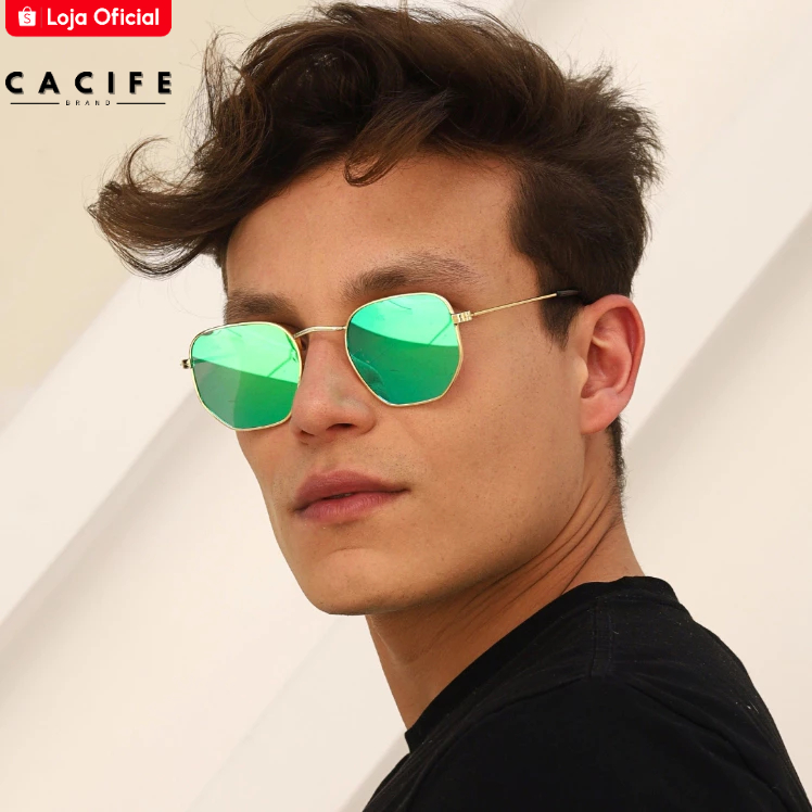 Oculos de Sol Hexagonal Dourado e Verde Espelhado Premium Classico uv400 Masculino Feminino em Oferta na Shopee