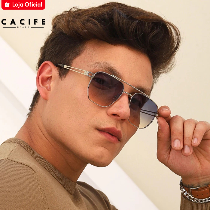 Oculos de Sol Aviador Quadrado Premium Prata Azul Degrade Classico Elegante uv400 Masculino Feminino