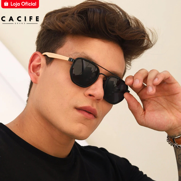 Óculos de Sol Chicago Hexagonal Preto Haste Madeira Steampunk Clássico Premium Vintage uv400 Unissex