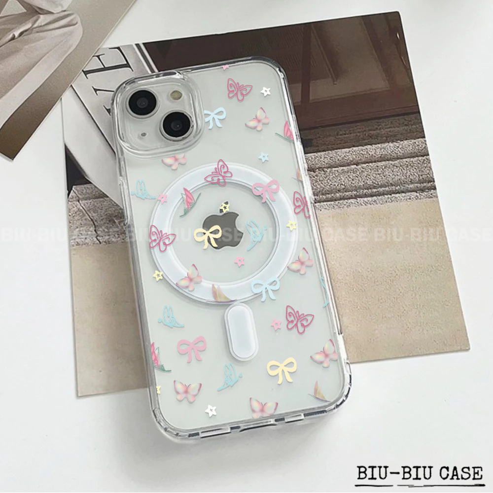 Capa Capinha Tpu Anti MagSafe Impacto Transparente Para iPhone XR 11 12 13 14 15 16 17 Pro Max Borboleta colorida - detalhe