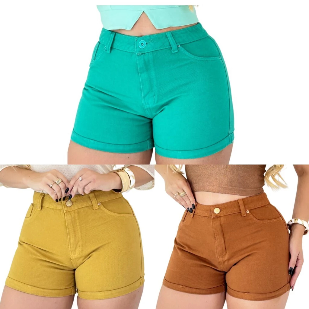 Kit 2 Shorts Jeans Feminino Cintura Alta Barra Dobrada Lavagens Cores Short Sarja Feminino Colorido