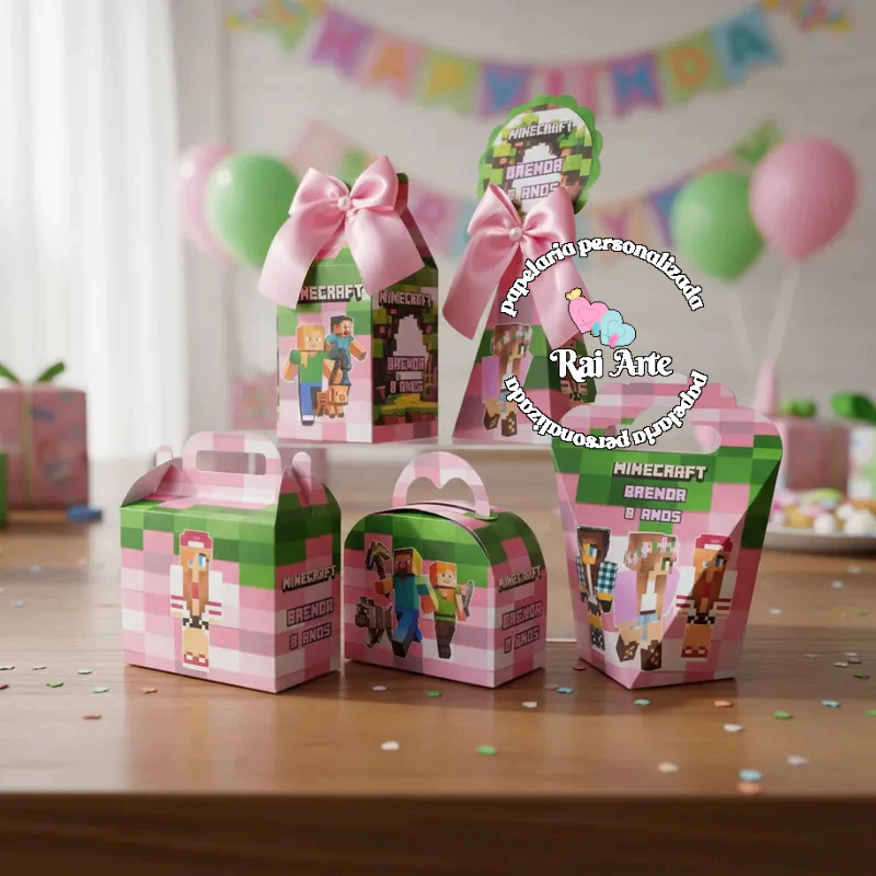 KIT FESTA LEMBRANCINHAS ANIVERSÁRIO FESTA INFANTIL PERSONALIZADOS MINECRAFT ROSA/MENINA - PEGUE E MONTE ENVIO RÁPIDO