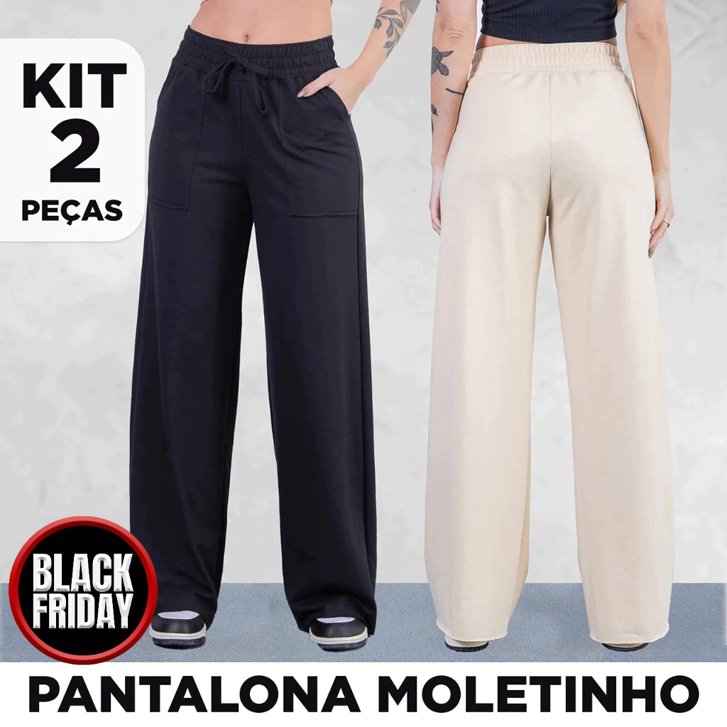 Kit 2 Calças Pantalona Moletinho Feminina Com Bolso Elegante Casual Confortável