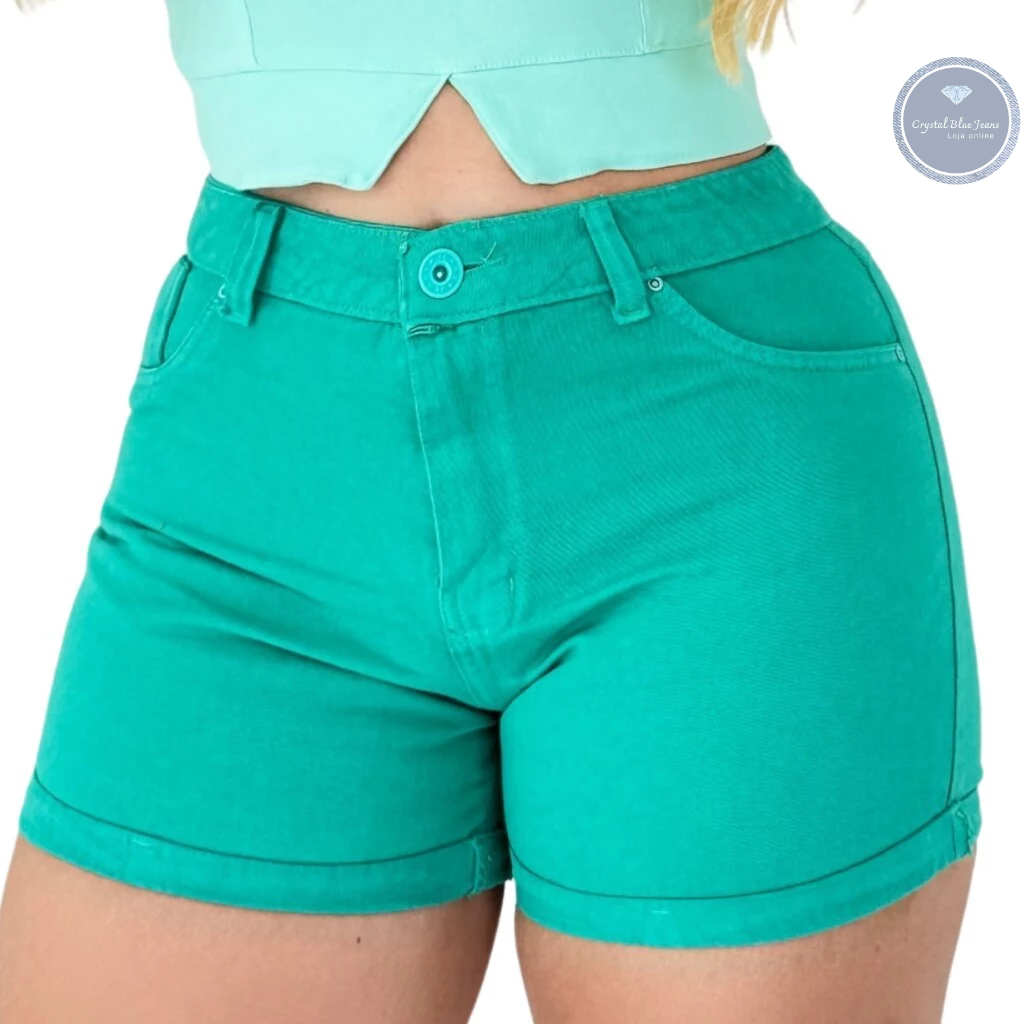 Short Jeans Feminino Cintura Alta Barra Dobrada Lavagem Turquesa