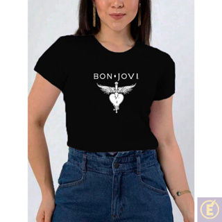 Blusa Feminina Baby Look Estampada Banda de Rock Bon Jovi 100% Algodão Tumblr Blogueira em Oferta na Shopee
