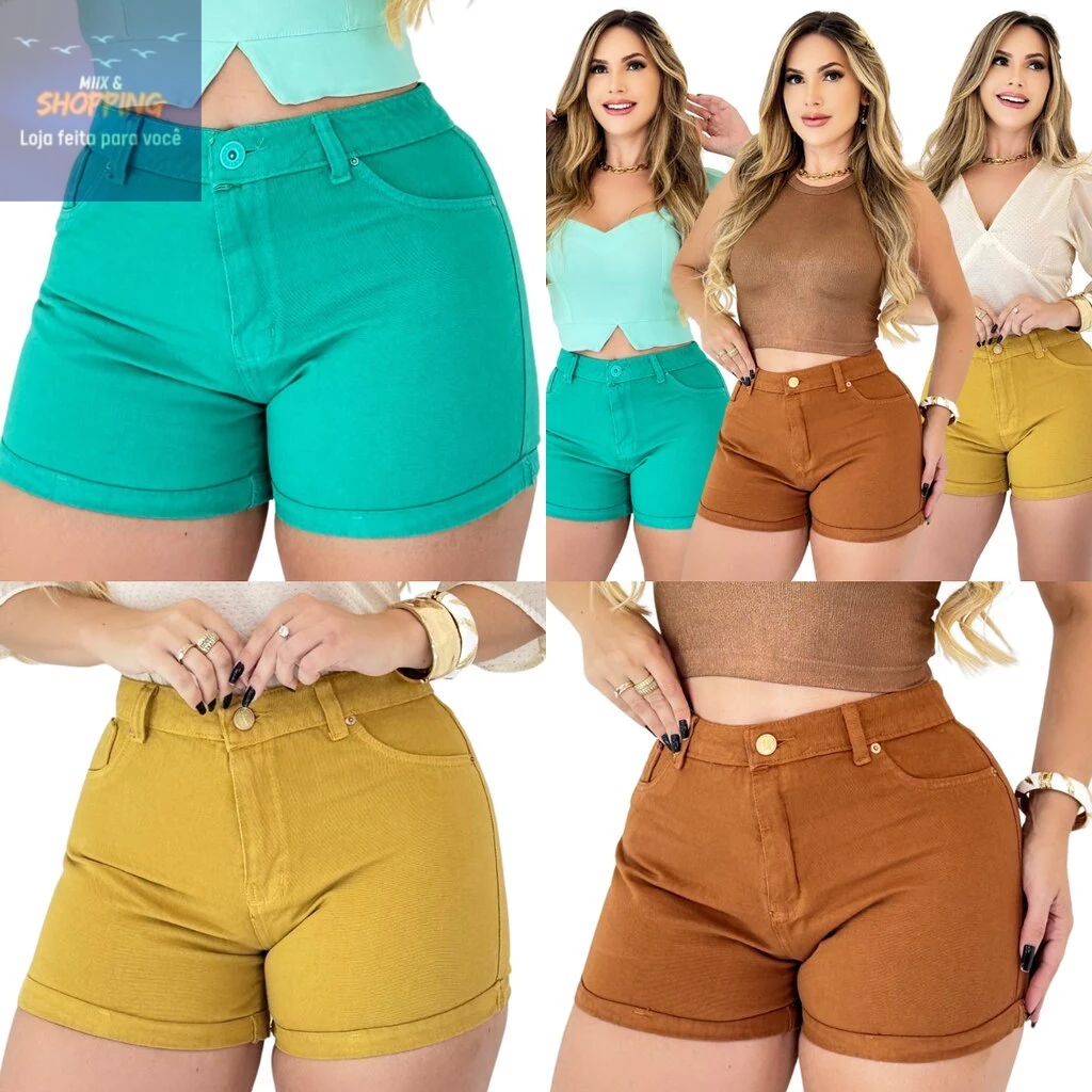 Kit 3 Shorts Jeans Feminino Barra Dobrada Cintura Alta Lavagens Cores Short Sarja Feminino Colorido