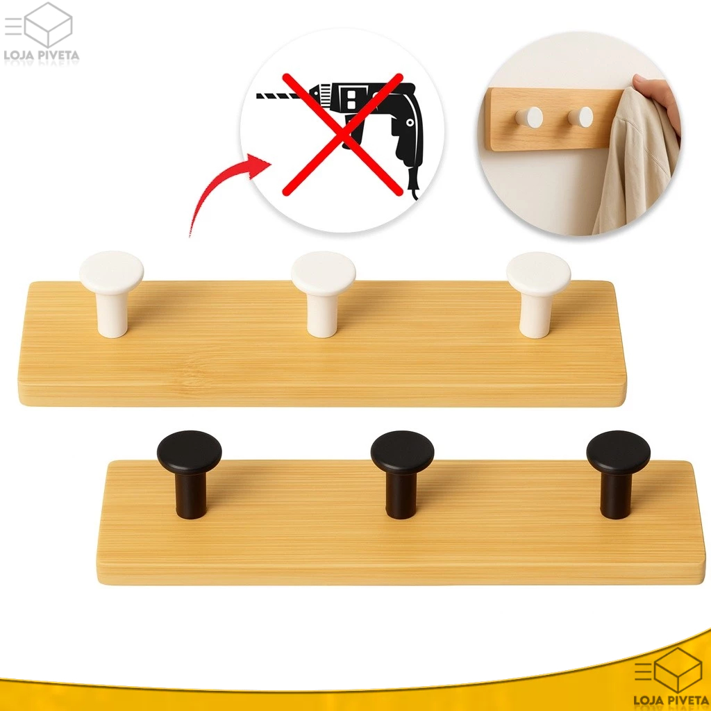 Gancho Adesivo 3 Pinos De Bambu AutoColante Suporte de Parede Fixação Sem Furar 22x5cm Multiuso