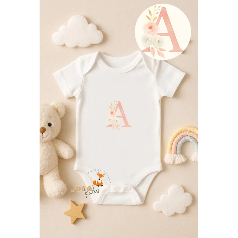 Body de Bebê Personalizado Inicial Floral Enxoval Bebê Menina