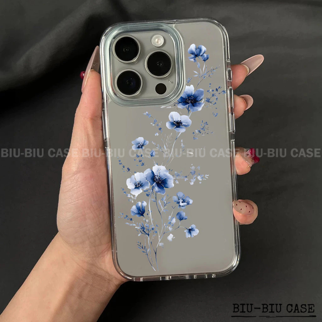 Capa Capinha Tpu Anti Impacto Transparente Para IPhone XR 11 12 13 14 15 16 17 ProMax Capa de celular com flor azul