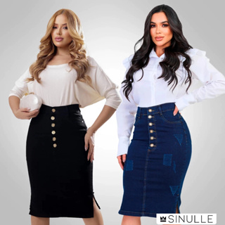 Saia Jeans Midi Moda Evangélica com Lycra - Preto ou Azul -  Ref.s019/s020 em Oferta na Shopee