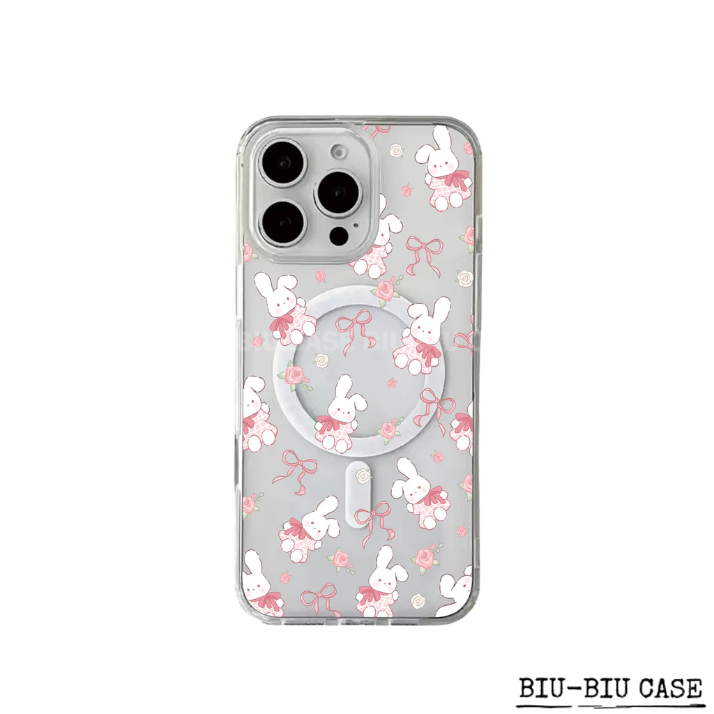 Capa Capinha Tpu Anti MagSafe Impacto Transparente Para IPhone XR 11 12 13 14 15 16 17 Pro Max coelhinho com laço rosa