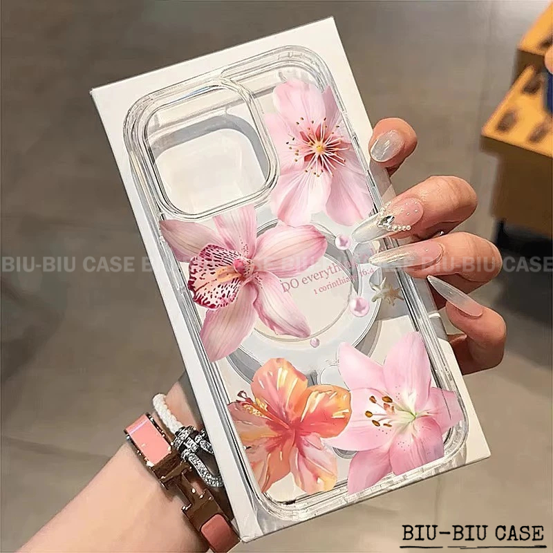 Capa Capinha Tpu Anti MagSafe Impacto Transparente Para IPhone XR 11 12 13 14 15 16 17 Pro Max grandes flores rosa