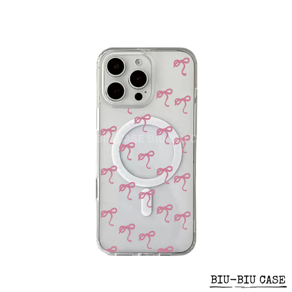 Capa Capinha Tpu Anti MagSafe Impacto Transparente Para IPhone XR 11 12 13 14 15 16 17 Pro Max Laços rosa 2