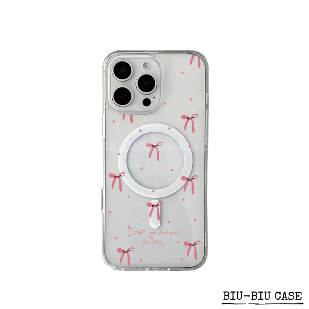 Capa Capinha Tpu Anti MagSafe Impacto Transparente Para IPhone XR 11 12 13 14 15 16 17 Pro Max Laço rosa de bolinhas