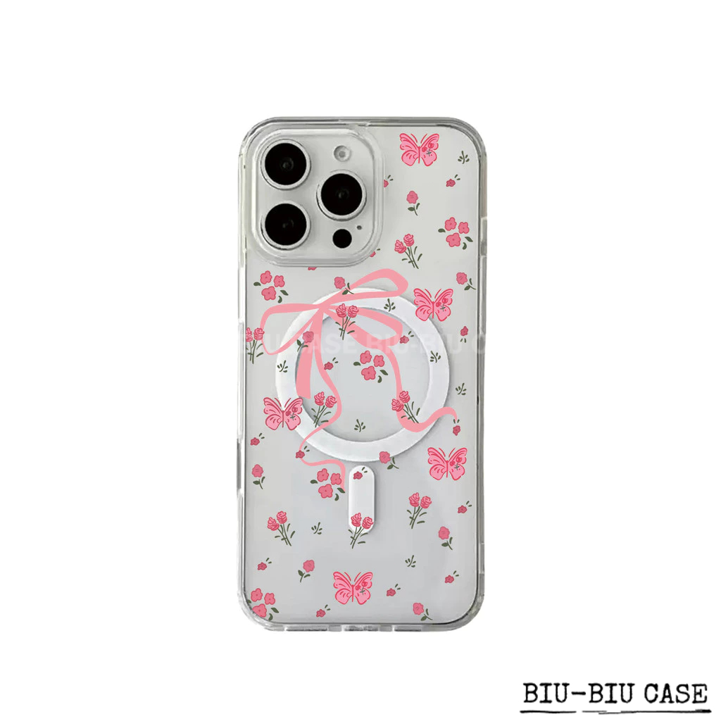 Capa Capinha Tpu Anti MagSafe Impacto Transparente Para IPhone XR 11 12 13 14 15 16 17 Pro Max Flor de laço vermelha