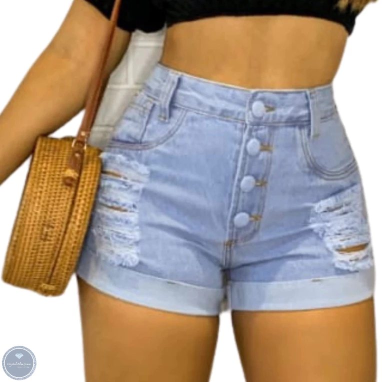 Short Feminino Jeans Cós Alto Claro com 4 botões Destroyed,Crystal Blue Jeans