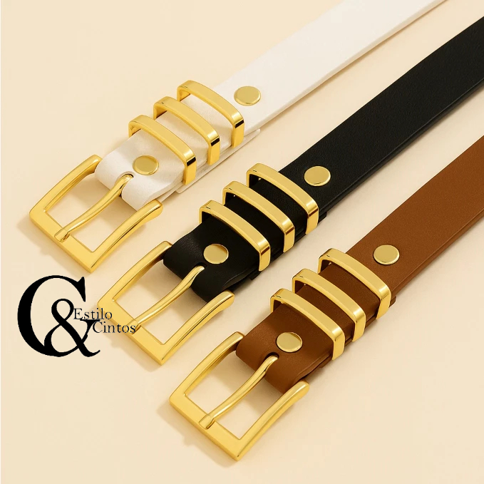 Kit 3 Cintos Femininos  casual plus size Elegantes Fivela Dourada Look PRETO BRANCO CARAMELO em Oferta na Shopee