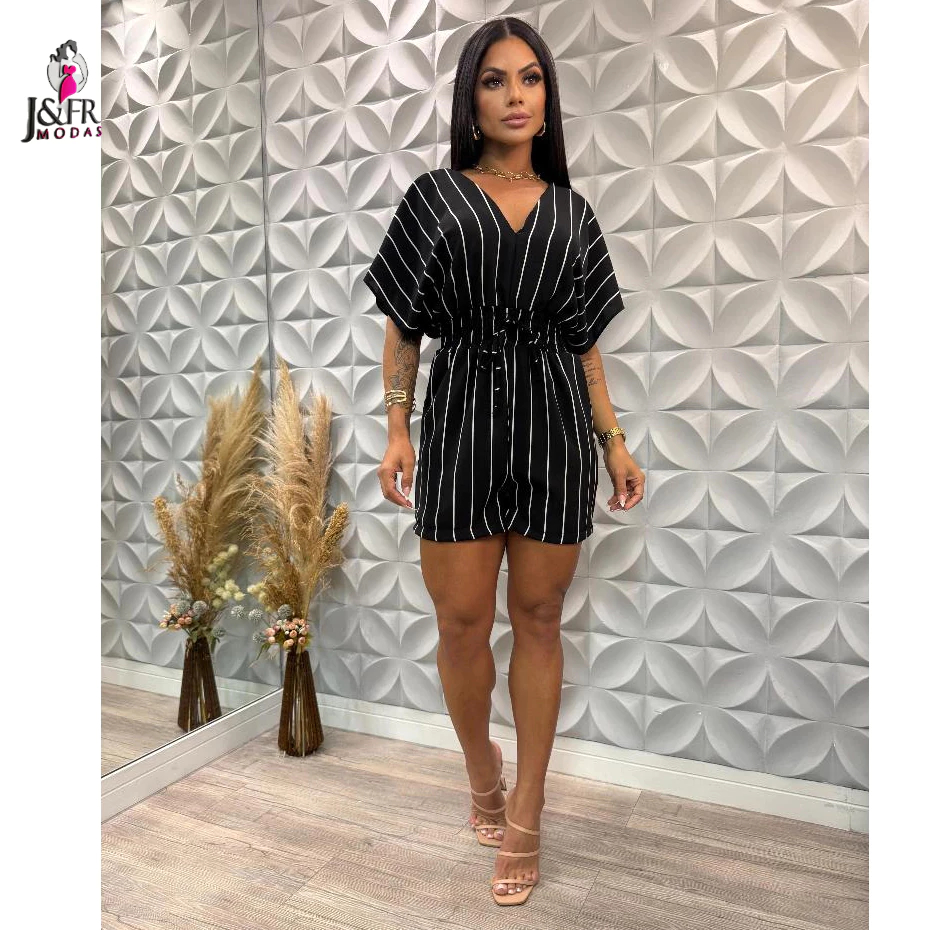 Macaquinho Estilo Casual Feminino Gola Em V Estampa Listrada De Manga Curta em Oferta na Shopee