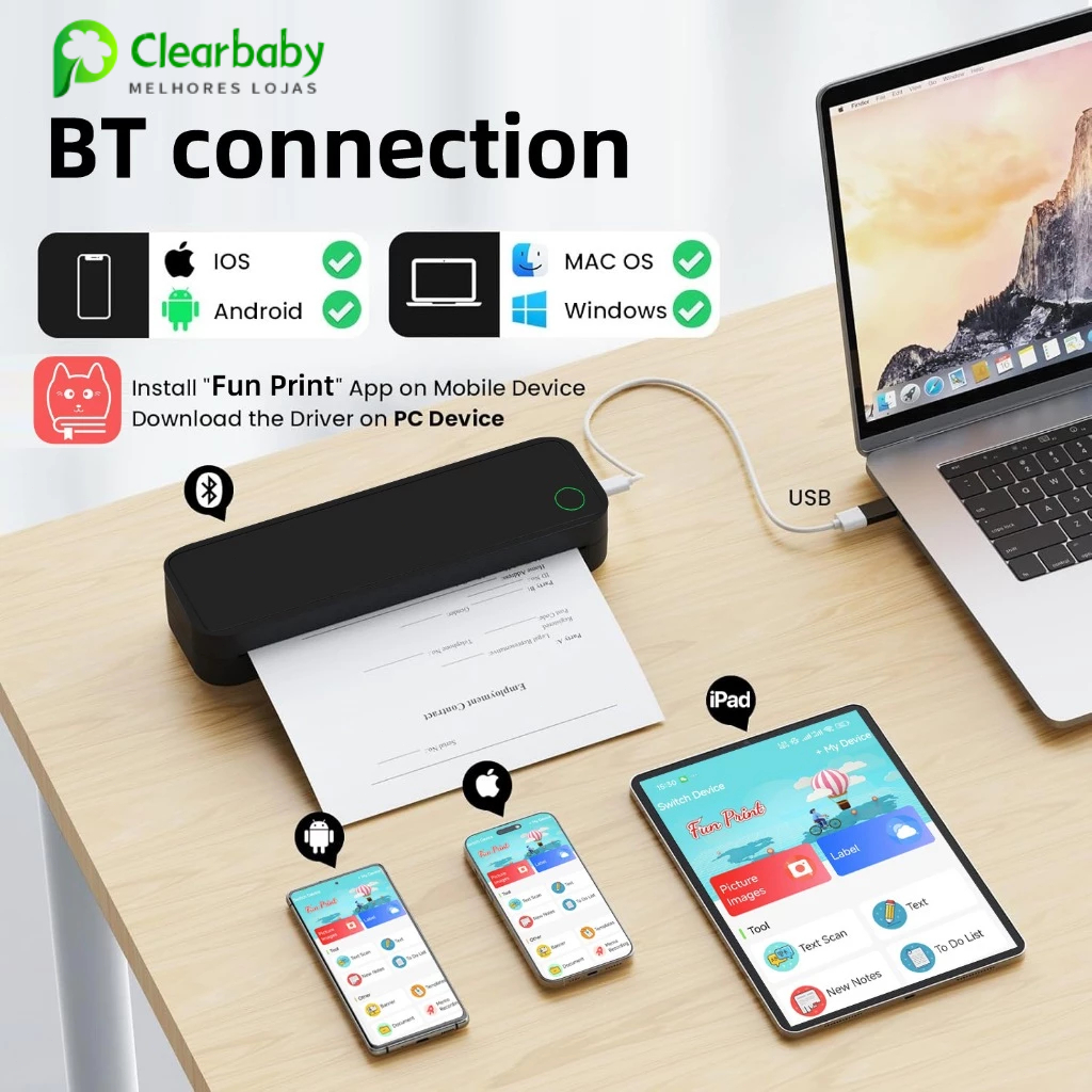Impressora Sem Fio Bluetooth 5.1 Portátil 2600mAh Compatível iOS Android