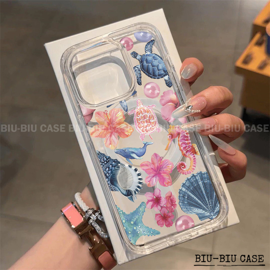 Capa Capinha Tpu Anti MagSafe Impacto Transparente Para IPhone XR 17 11 12 13 14 15 16 Pro Max flores da vida marinha